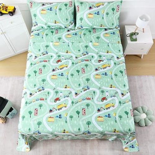 LONAVA Twin Sheet Set Kids - 3 Pieces Soft Microfiber Cartoon Style Bedsheets for Boys Girls Teens, Oeko TEX, Breathable Deep Pocket Sheets (Engineering Car)