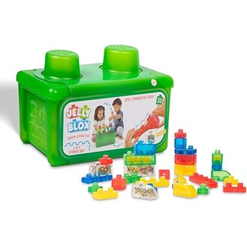 Jelly Blox Stash 'N Stack 2-in-1 Storage Case Including 30 Blocks | Toddler & Preschool Building Blocks Kids Can Squeeze & Stretch | Safety Tested & Ouch-Free | Tactile, Sensory Play Toy for Ages 2+