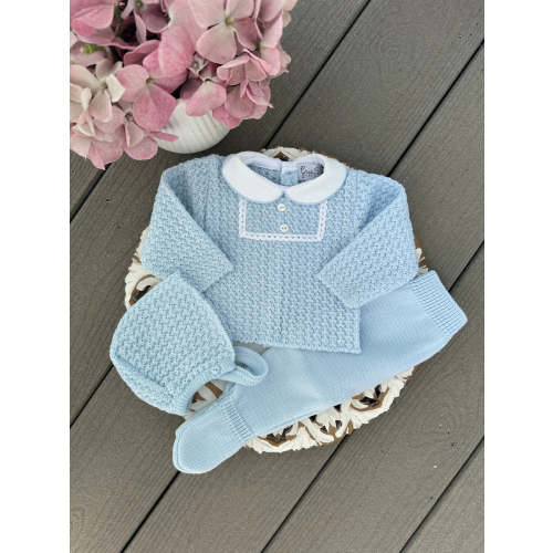 Openwork Double Button Down Baby Knitted Set With Peter Pan Collar in Sky Blue