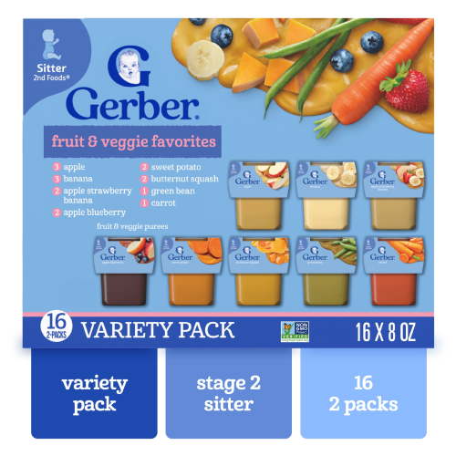 Gerber Baby Fruit & Veggie Favorites, Variety Pack, 4 oz Tubs (32 Pack)
