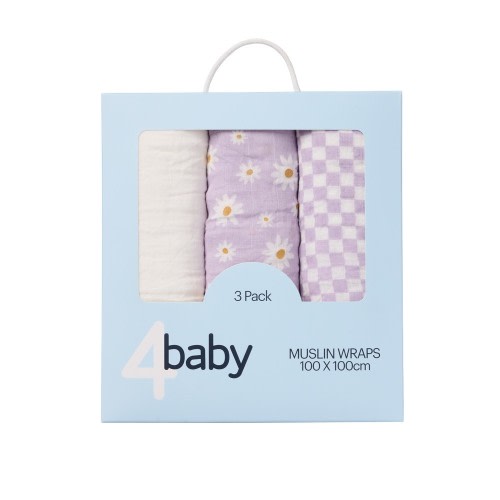 4Baby Muslin Wrap 3 Pack Daisy Lilac