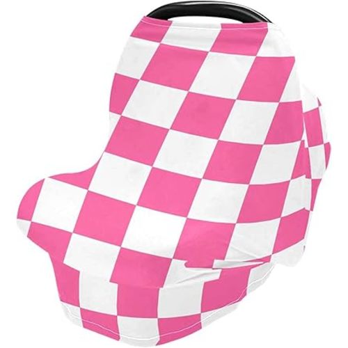 Hot Pink Checkerboard Plaid High Stretchy Car Seat Cover for Babies Multi Use Carseat Canopy Cover Nursing Cover for Breastfeeding Lightweight Infant Carrier Cover for Girls Boys Newborn