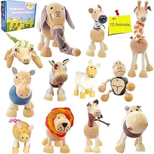 TEKOR Bendable Wooden Animal Toys (Set of 12) | Ages 3 & up | Fun & Posable Animals for Toddlers | Preschool Montessori Toys | Smooth Natural Wood | Endless Play for Girls & Boys