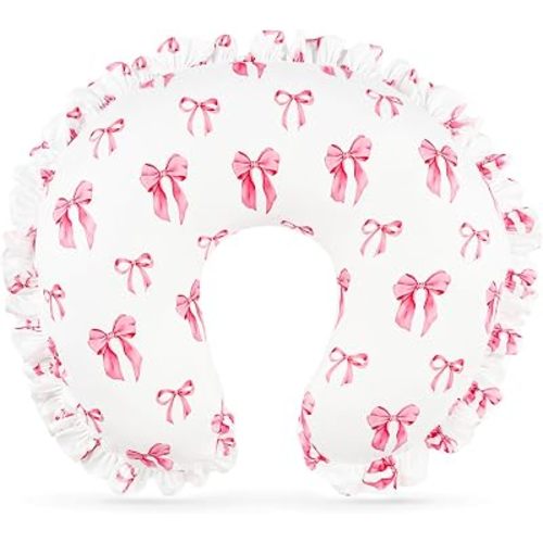 Pea Pod Nursing Pillow Cover, Removable Stretchy Ruffled Pillowcase for Breastfeeding Pillows, Ultra Soft Breathable Pillow Slipcover for Baby Girls and Boys, Compatible with Boppy Pillow, Pink Bows