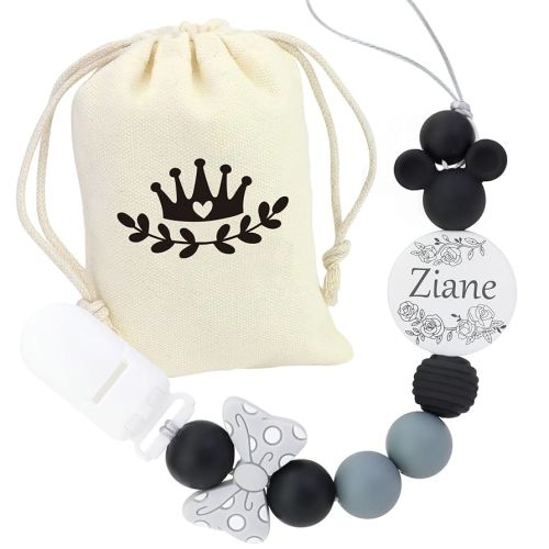 Customized Silicone Pacifier Clip,Pacifier Holder Sets for Boys and Girls, Personalized Adorable Mouse Pacifier Clips Fits for Most Pacifier, Baby Teethers, Baby Shower and Baby Gift (Black)