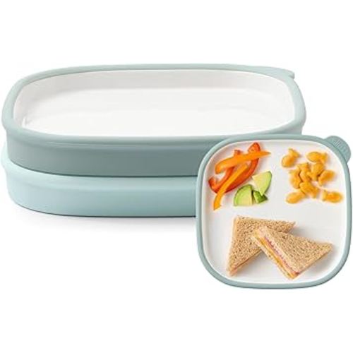 Ello Clean Start Toddler Everything Plate 2 Pack | BPA-Free Ceramic Plates with Silicone Sleeve for Babies/Toddlers | Microwave/Dishwasher Safe, Plastic-Free, High Chair Friendly | Dewdrop/Grayed Jade
