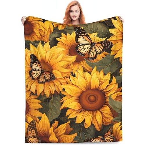 Sunflower Butterfly Blanket Gifts for Girls Women Floral Flannel Throw Blankets for Home Couch Bed Sofa Soft Fuzzy Lightweight Decor All Season 60x50 Inches