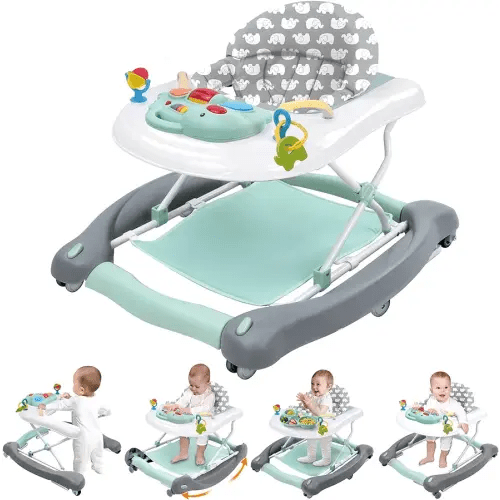 Foldable Baby 5-in-1 Activity Walker - Rocker, Activity Center, Bouncer, Seat Walker, Push Walker - Adjustable Speed Rear Wheels and Height Toys Ages 6-18 Months… (Mint Green)