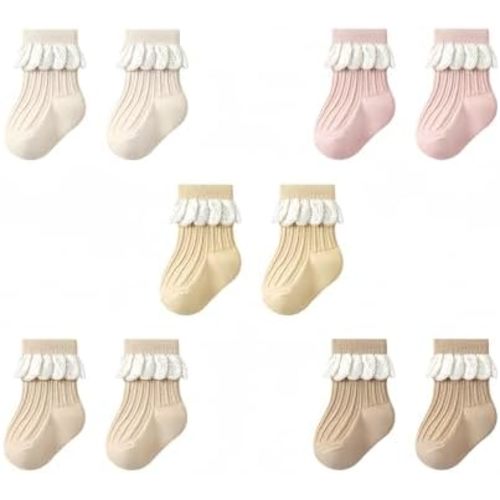 Baby Toddler Girls Frilly Ruffle Ribbed Cotton Socks with Lace Trim for 0-5 Years (Pack of 5)