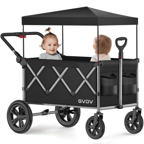 GVDV Toddler All-Terrain Stroller Wagon, 2-Seater Folding Wagon, Shock-Absorbing Wheels, 330lbs Capacity, Black