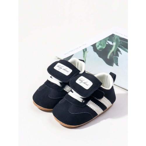 New Navy Blue Sports Shoes,Boy And Girl With The Same Infant Sports Fiat Shoes, Hook And Loop Stripe Design Soft Rubber Sole Non-Slip,Nwborn Flat Shoes | SHEIN USA