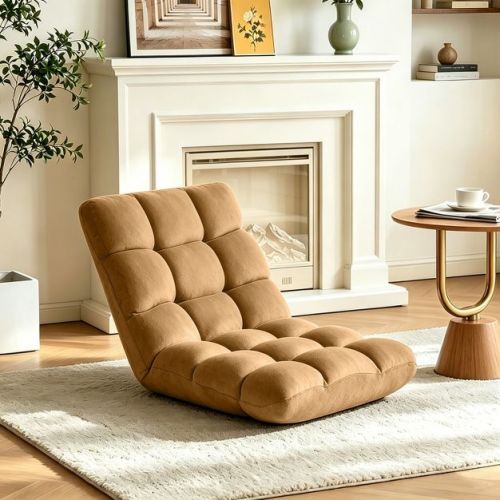Home Imports Emporium Foldable Floor Chair with 14 Reclining Positions, Plush Coral Velvet Upholstery, Ergonomic Back Support in Tan