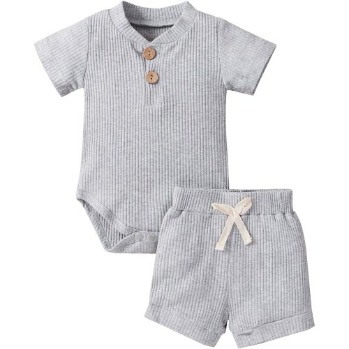 Summer Newborn Baby Boy Girl Clothes Set Ribbed Outfits Unisex Infant Solid Cotton Button Short Sleeve Tops Shorts 2PCS - Ribbed Shorts Grey - 3-6 Months