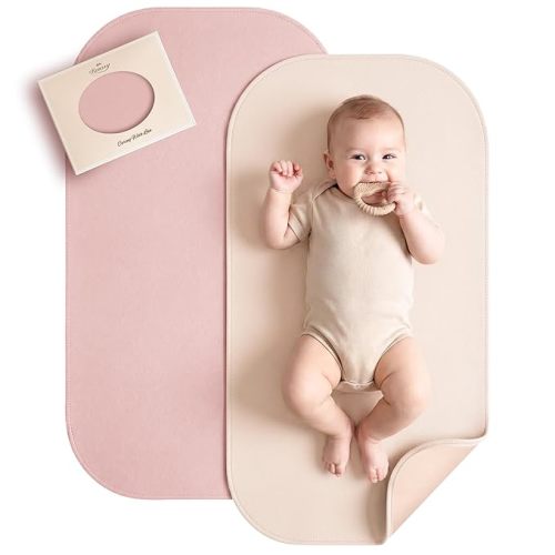 Konssy Faux Leather Baby Changing Mat 2 Pack, Oval, 30"x17" | Wipeable & Foldable, Portable Diaper Changing Pad, Fits Diaper Bags for Travel, Home And on-The-Go Use (Blush,Beige)