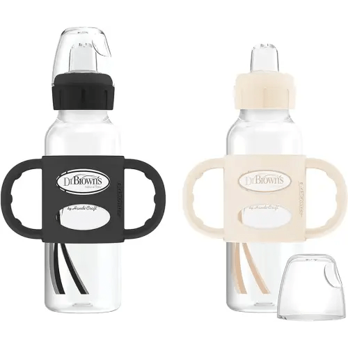 Dr. Brown's Milestones Narrow Sippy Spout Bottle with 100% Silicone Handles, Easy-Grip Handles with Soft Sippy Spout, 8oz/250mL, Black & Ecru, 2 Count (Pack of 1), 6m+