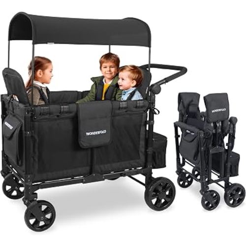 WonderFold W4 Elite Stroller Wagon, Steel Frame, 4 Seater, Jet Black | Foldable Wagon with an Adjustable Canopy & Push Handle, All-Terrain Wheels & 5-Point Harnesses for Babies, Toddlers & Kids