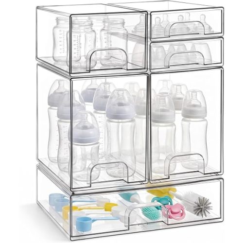 Baby Bottle Organizer, 6-Piece Clear Acrylic Stackable Storage Drawers