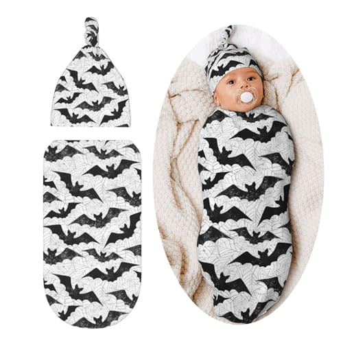 Black Bat Goth Baby Stuff Newborn Baby Swaddle Blanket Gothic Wrap Blanket Soft with Beanie Hat Sets Gifts for Infant Boys Girls