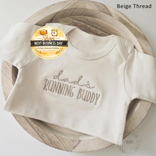Embroidered Dads Running Buddy Onesie® -12m, cream with green stitching