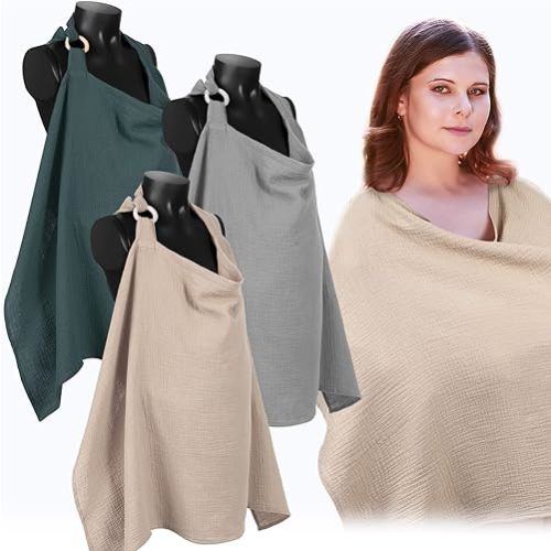 Treela 3 Pcs Muslin Cotton Breathable Nursing Cover Multi Use Car Seat Stroller Breastfeeding Cover for Breastfeeding Baby Shower Gifts Essentials(Bright Color)