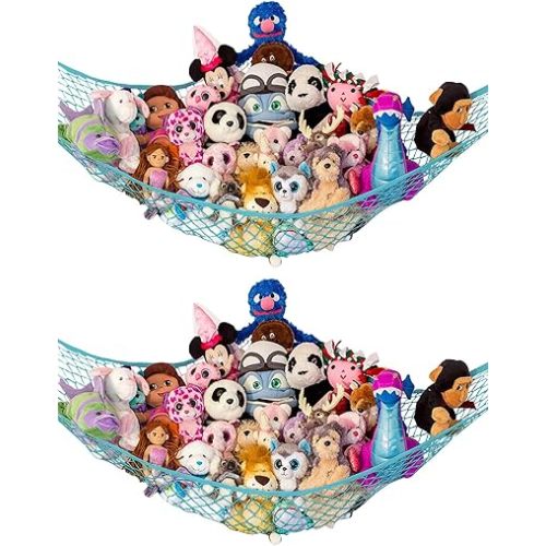Lilly's Love Stuffed Animal Hammock | Corner Hanging Organizer, Toy Storage, Stuffed Animal Storage Net | Made from Quality Fishing Net, Holds 12lbs | 67"x47"x47" (Light Blue, 2 Pack)