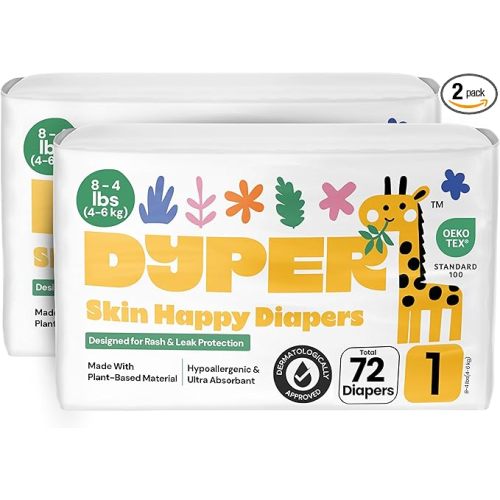 DYPER - Pack of 2 Baby Diapers Size 1 (72 Count) - Leak Proof, Plant Based, Hypoallergenic & Ultra Absorbent Disposable Diaper for Day & Overnight, Skin-Friendly Comfort Size 1 Diapers (8-14 lbs)