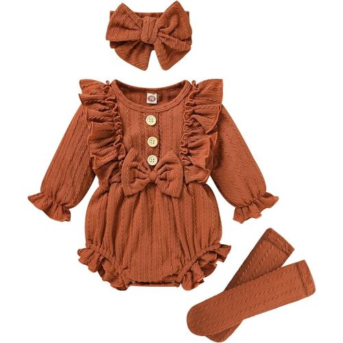 GRNSHTS Newborn Baby Girl Clothes Ruffle Solid Sweater Long Sleeve Romper+Hairband+Socks 3Pcs Fall Winter Outfits