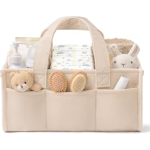 Corduroy Baby Diaper Caddy Organizer with Handles, Nursery Storage Basket