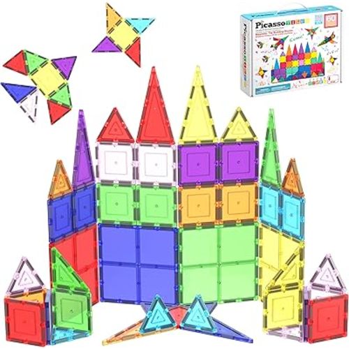 PicassoTiles 60 Piece Set 60pcs Magnet Building Tiles Clear Magnetic 3D Blocks Construction Playboards - Creativity Beyond Imagination, Inspirational, Recreational, Educational, Conventional