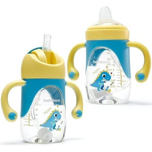 hahaland 2 in 1 Sippy Cup for Toddlers with Spout & Straw, Spill Proof Baby Trainer Leaner Transition Cup with Handles Sippy Cup for Baby 6 12 Months, 8 Ounce (One Cup with Spout & Straw)