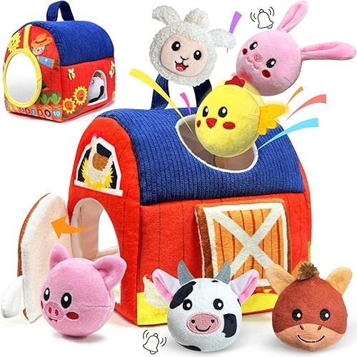 Baby Toys 6-12 Months - Infant Barn Toy with Stuffed Farm Animals, Rattle, Crinkle, Squeak, Mirror - Montessori Sensory Toys for 6 7 8 9 10 12 Month Old Babies, 1 Year Old Baby Boy Girl Gifts