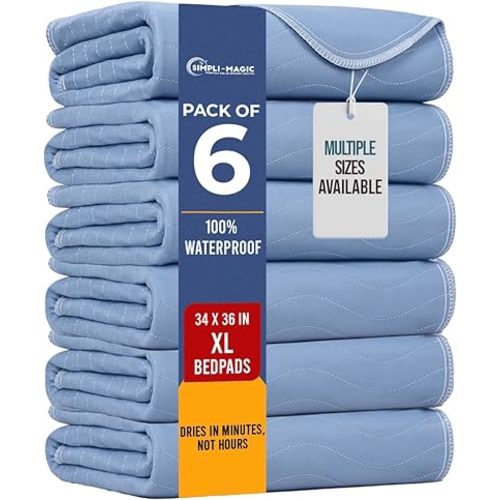 Simpli-Magic Washable Underpads, 34"x36" (Pack of 6) - Heavy Absorbency Reusable Bedwetting Incontinence Pads for Kids,Adults,Elderly,and Pets - Waterproof Protective Pad for Bed,Couch,Sofa,Floor