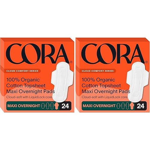 Cora 100% Organic Cotton Topsheet Pads (24 Maxi Overnight Pads) (Pack of 2)