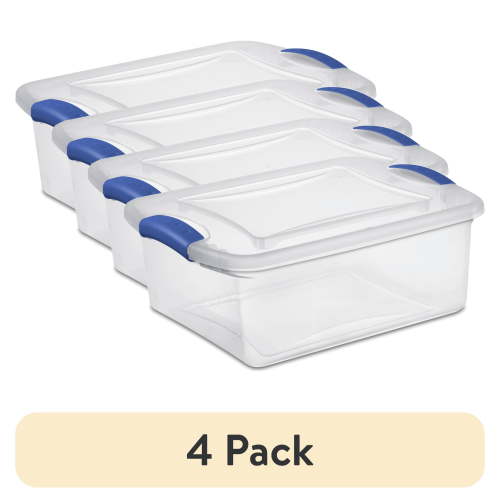 (4 pack) Sterilite Small Latching Storage Bin, 15 Quart Clear Plastic Storage Container with Clear Lid, Blue Latch