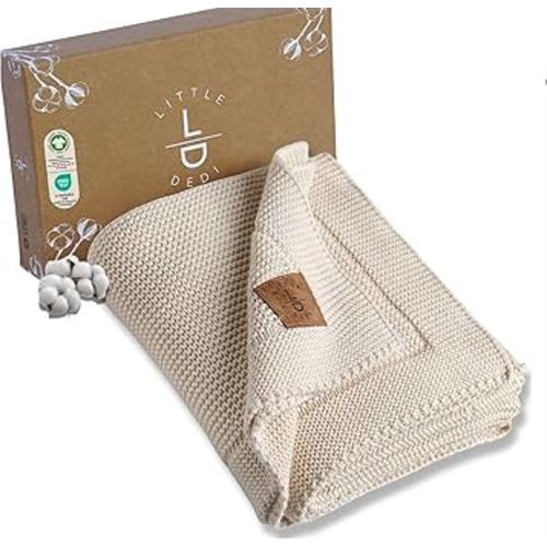 100% Organic Cotton Baby Knitted Blanket with Gift Box - Soft Toddler, Crib, Stroller Blanket - Neutral Swaddle and Receiving Blanket for Newborns, 30"x40", Stone