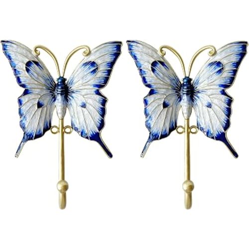 Vintage Butterfly-Shaped Decorative Wall Hooks, 2 Pack Hand-Painted Blue Butterfly Metal Wall Hook Rack Hangers for Hanging Coats, Clothes, Keys, Hats, and Towels