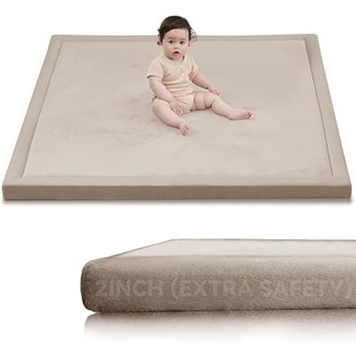 Huloo Sleep 2" Thick Extra Safety Baby Play Mat for Floor,Ultra Soft Elasti-Foam 50x50 Playpen Mat for Toddlers Infant Kids,Non-Slip Backing Safe for Crawling&Tummy Time,Tatami Style (Beige)