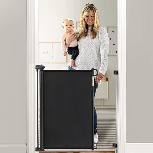Momcozy Retractable Mesh Baby Gate or Dog Gate, Child Safety Gate for Indoor or Outdoor, 33-inches Tall with up to 55-inches Wide Extension, Black