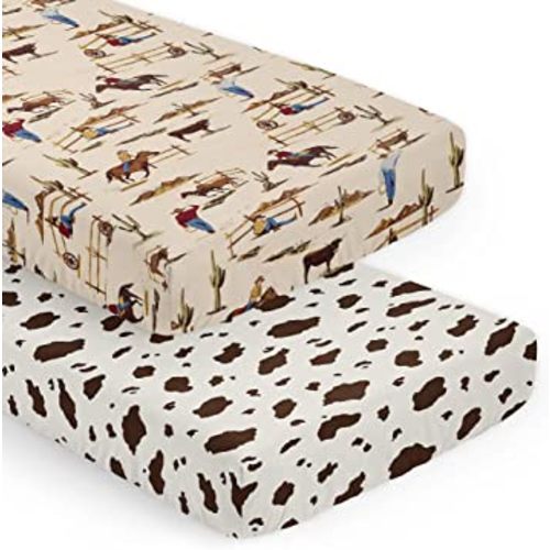Sweet Jojo Designs Tan Brown Western Cowboy Boy Baby Fitted Crib Sheet Set Nursery Soft Infant Newborn Fits Standard Mattress Toddler Bed Southern Country Wild West Horse Off White Cow Print Animal