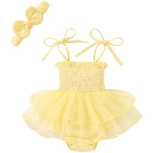 Happy Town Toddler Baby Girl Summer Clothes Infant Sleeveless Tulle Romper Dress with Headband Newborn Jumpsuit Outfits