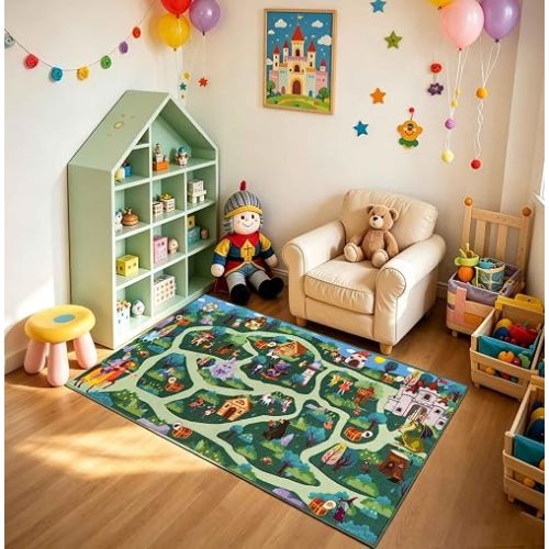 LIVEBOX Kids Playroom Rug, Washable Fantasy Forest Adventure Play Mat with Roads, Non Slip Carpet for Boys Girls Bedroom (60" x 32", Green)