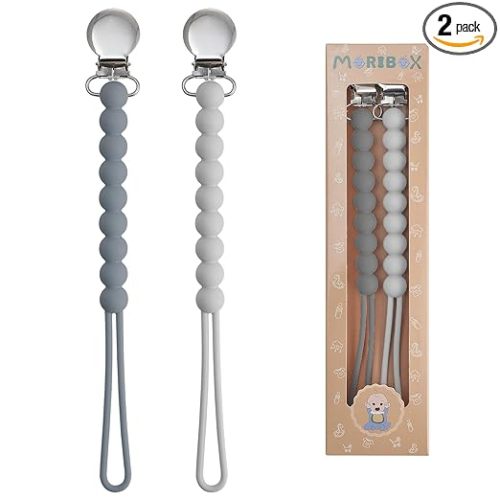 Pacifier Clip for Boys Girls - MORIBOX Paci Clip Soothie Baby Binky Holder for Shower Gift Birthday 2 Pack (Grey)