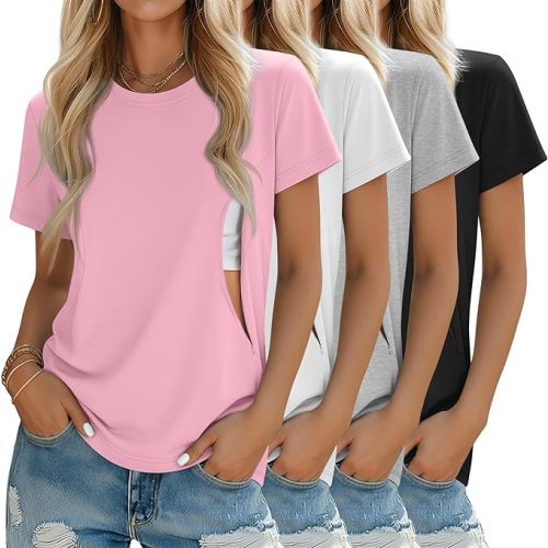 4 Pack Women's Nursing Breastfeeding Shirts with Zipper Loose Fit Short Sleeve Maternity Top Nursing Clothes