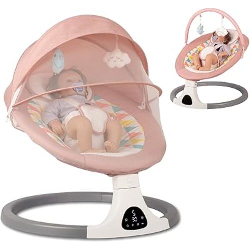 JFOVMCYG Electric Baby Swing for Infants and Toddlers, Portable Rocker with 5 Sway Speeds, Bluetooth Music, Remote Control, 10 Preset Melodies for Newborn Boy & Girl (Pink)