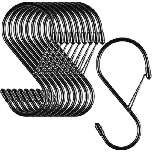 S Hooks for Hanging Plants, 4 Inch Large Heavy Duty S Hooks with Safety Buckle & Stopper Non Slip, 10 Pack Black Metal Closet S Hook for Hanging Clothes, Kitchen Utensil, Jeans, Curtains, Towels, Bag