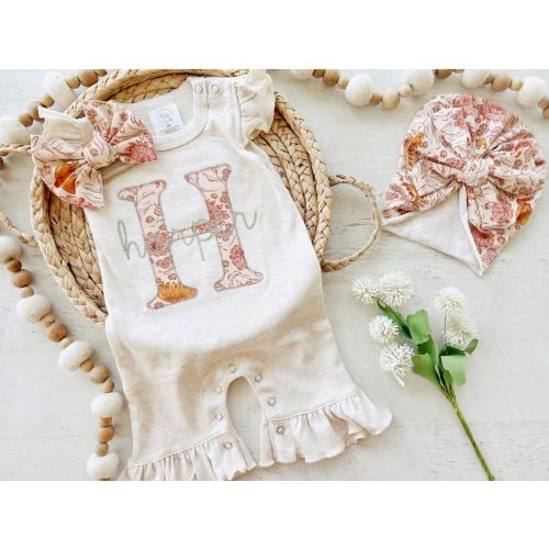 Personalized baby girl romper, vintage floral infant coming home outfit, baby shower gift, newborn outfit ruffle flutter, custom name