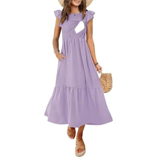 Women's Nursing Dress Flutter Short Sleeve Crew Neck Smocked Elastic Waist Tiered Midi with Pockets