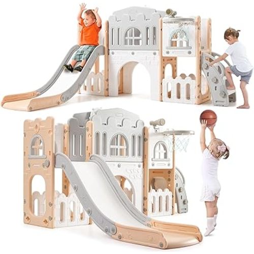 8 in 1 Toddler Slide Playset, Toddler Indoor Playground for Kids 1-3, Baby Outdoor Indoor Playset with Slide, Climber, Tunnel, Basketball Hoop, Toy Storage and Telescope for Toddlers Age 1-3