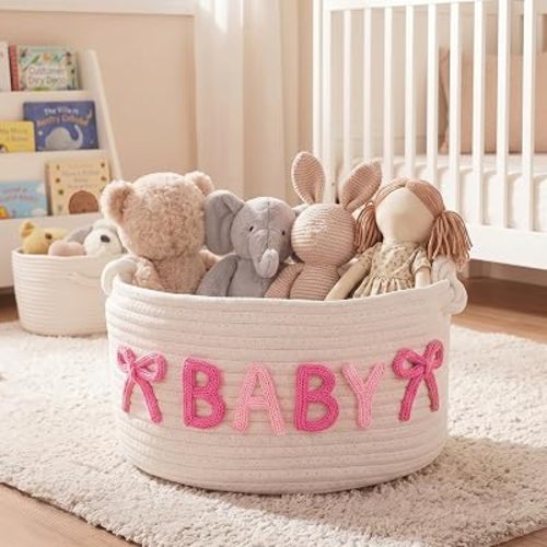 Baby Shower Gift Basket with Pink Bow, Woven Cotton Nursery Storage Basket with Handles, Handcrafted Baby Girl Organizer for Nursery Decor, Toy Bin, Diaper Caddy, 11×11×6 in