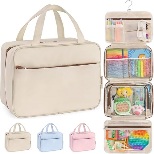 Kids Travel Organizer – Multi-Compartment, Water-Resistant Hanging Bag for Toys, Snacks, & Activities - Compact, Lightweight Design with Hook & Carry Handle - Perfect for Travel Use (Beige, Large)
